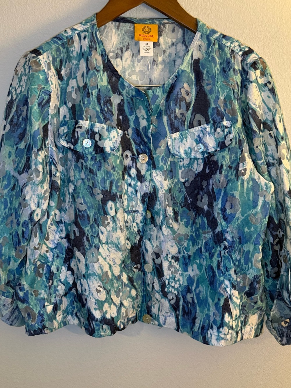 Ruby Rd. Blue Green Multi-Print Button Front Blazer